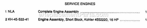 Service Engines Diagram and Parts List for 169 2050048U Cub Cadet Lawn Tractor